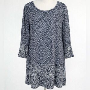 Lucky Brand Women’s Tunic Top 1X Navy Blue Boho Paisley Floral Print 3/4 Sleeve